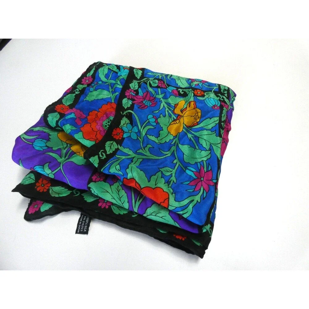 Vintage Japan Hand Rolled Silk Scarf Bright Multicolored Floral Black 30